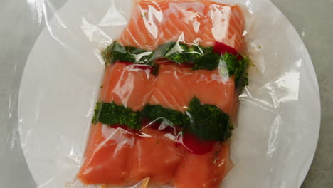 vacuum-sealed salmon skewers with broccoli and red pepper