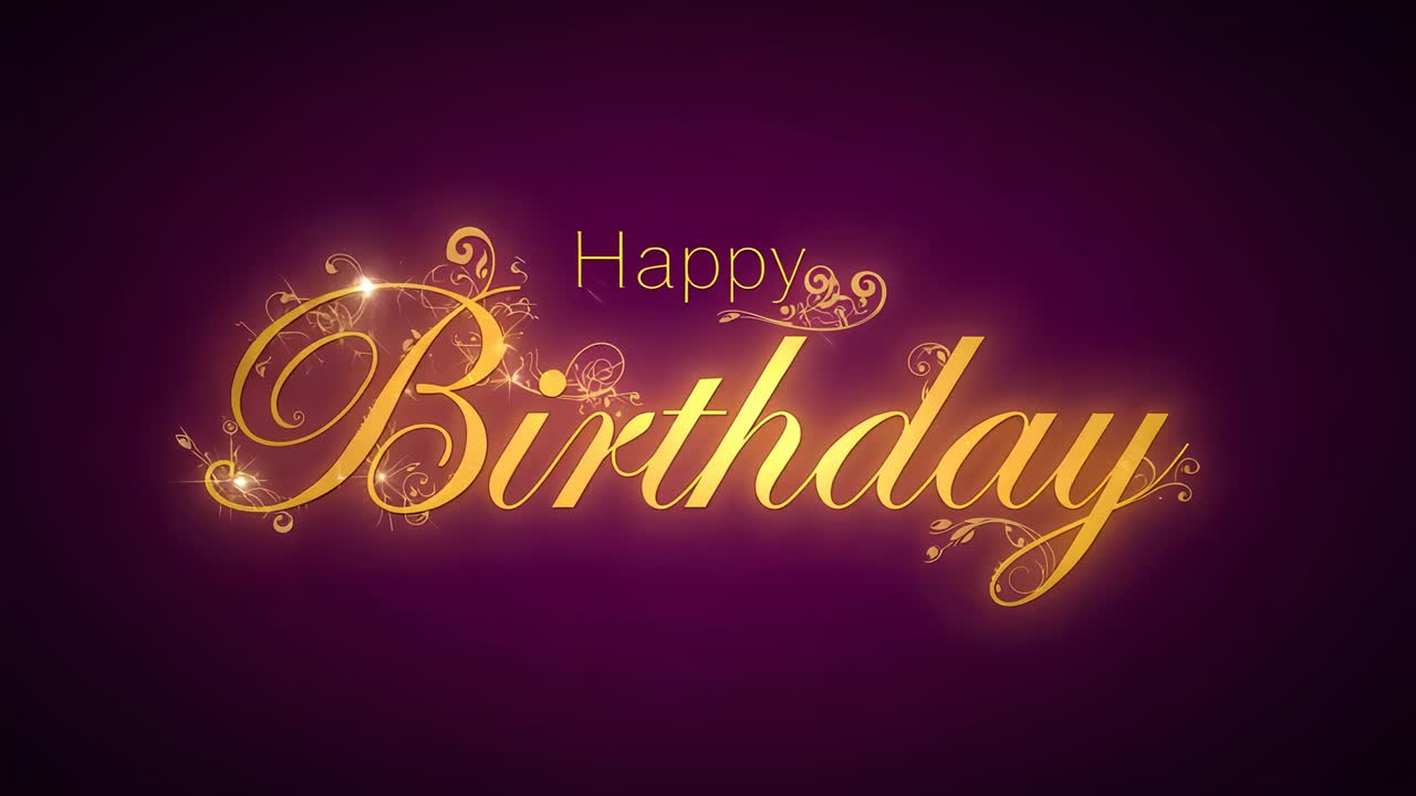 Animating gold Happy Birthday plum backdrop, sparks forming left B, sweeping, highlighting greeting