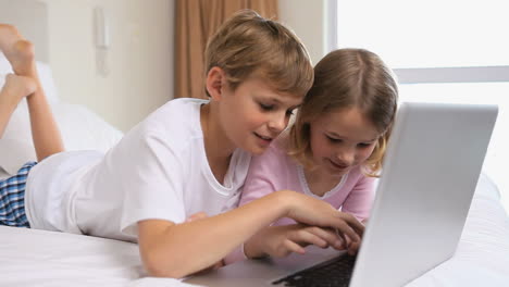 cheerful siblings using a laptop