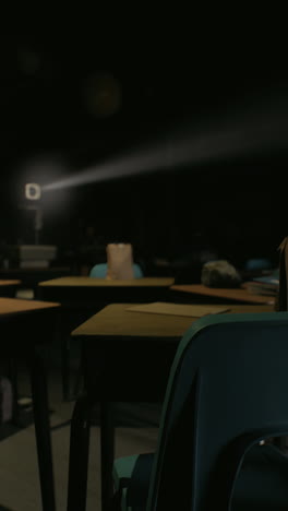 empty classroom with desks and chairs