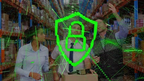 Animation-of-digital-shield-with-padlock-and-lines-over-diverse-female-and-male-warehouse-workers