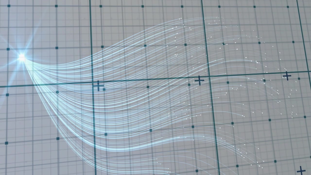 Bright emission point emitting thin light strands across grid, fanning rightward for calibration