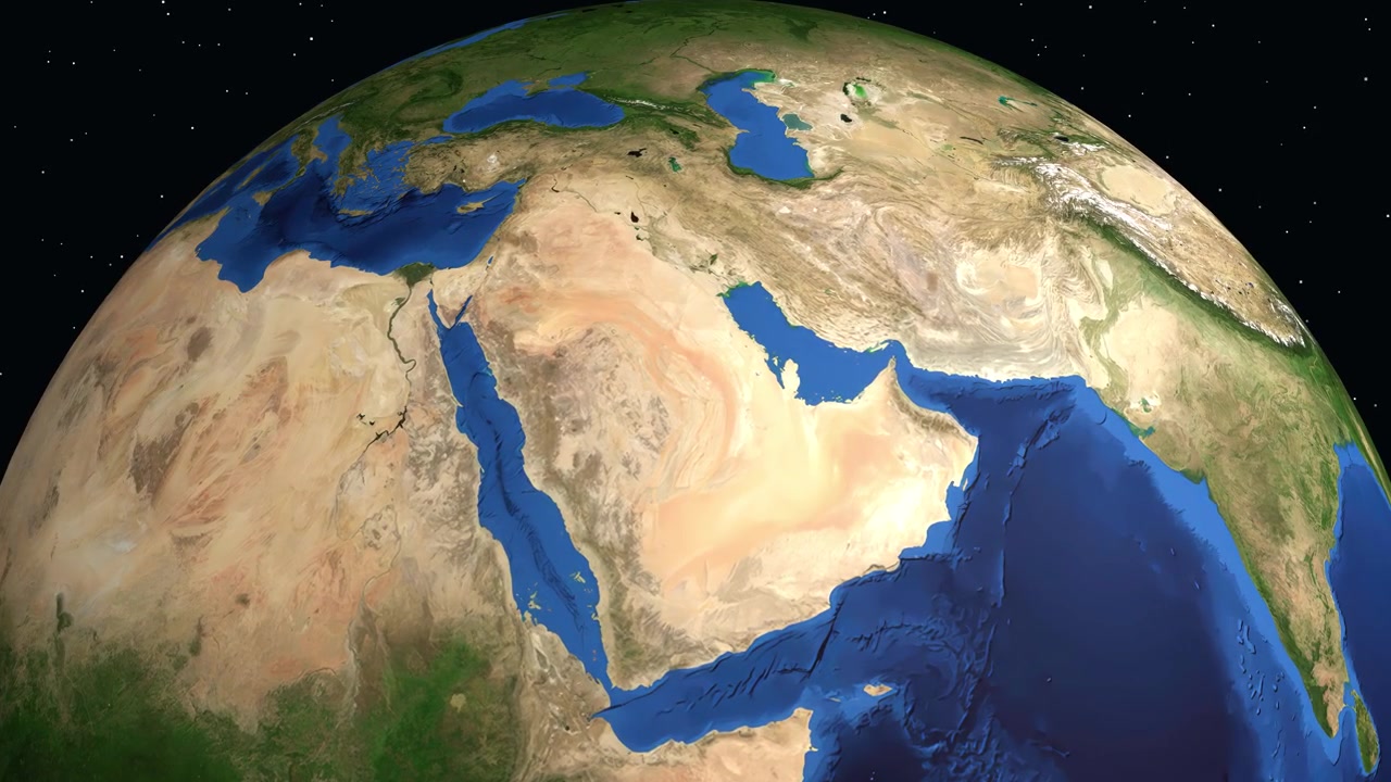 Dijital animasyon uzaydan Dünya'ya yakınlaşarak, coğrafi koordinatlarla Suudi Arabistan'ın Riyad şehrini tam olarak belirliyor.