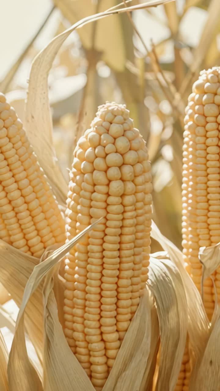 Vertical video: Opening camera, zooming in on three corn ears at farm, showing husks rustling