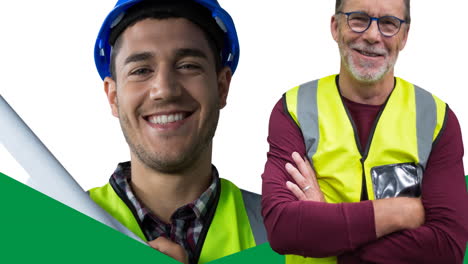 animación de un trabajador masculino caucásico mayor sonriente sobre un trabajador masculino caucásico con casco