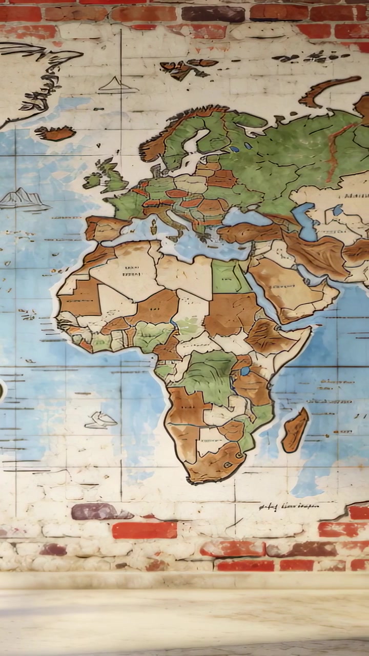 Video verticale: Panoramica iniziale, la telecamera si muove su un murale, centrando Africa ed Europa per rivelare il mattone.