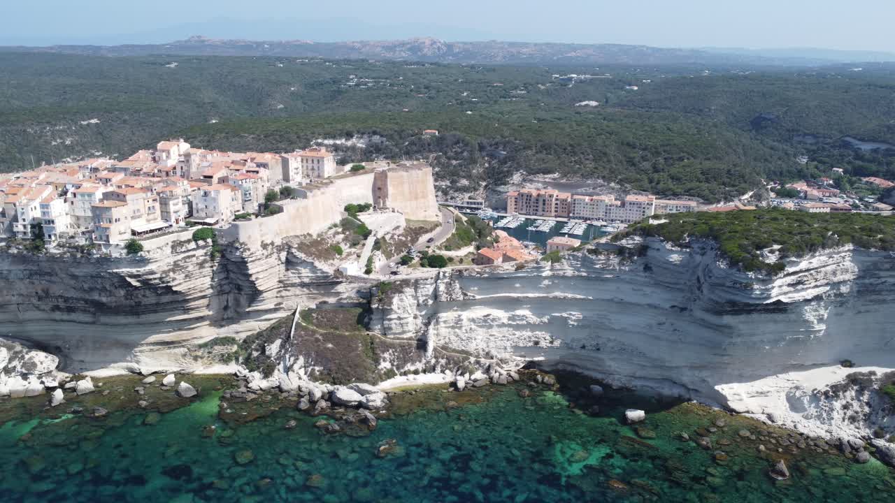 Panning drone shot over Bonifacio, Corsica