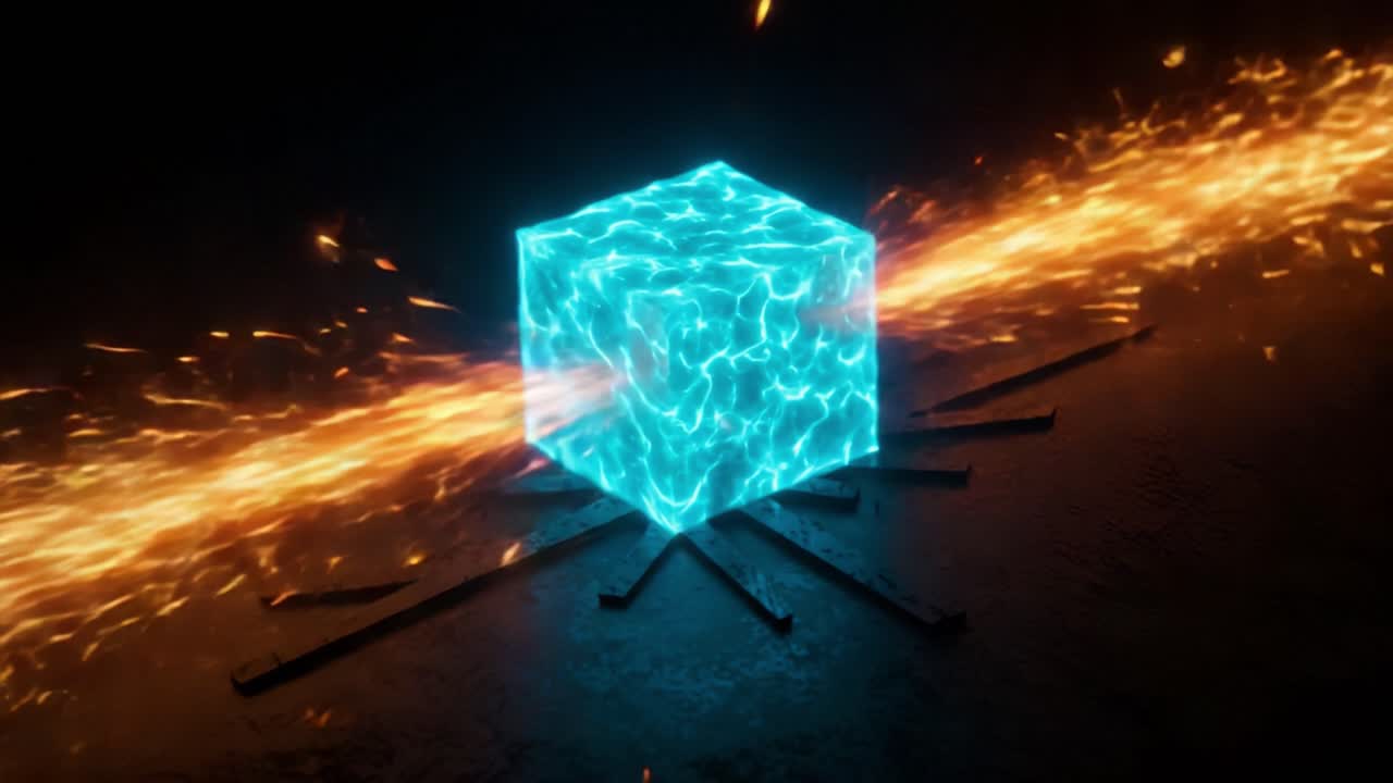 A Glowing Blue Cube Surrounded by a Fiery Stream of Sparks Creating a Vivid Display of Light and Energy in a Dark Environment
