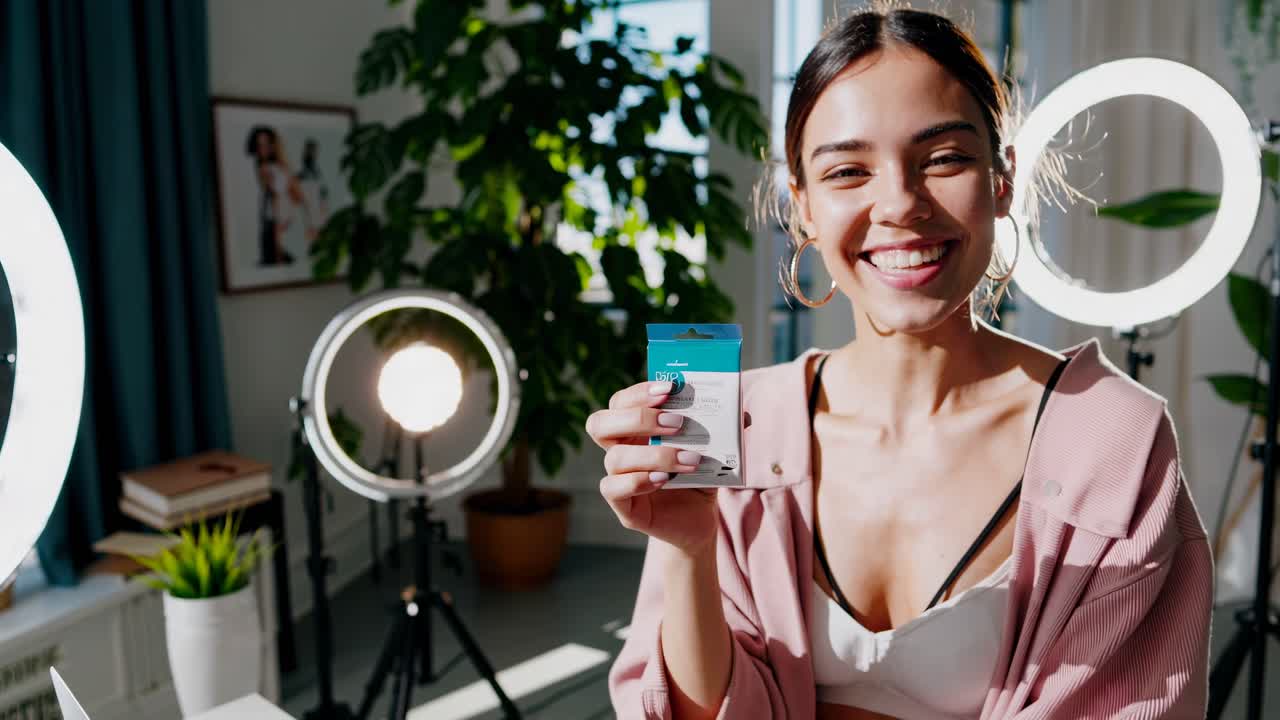 A woman sits at a desk with a laptop, surrounded by ring lights, ready for a video shoot