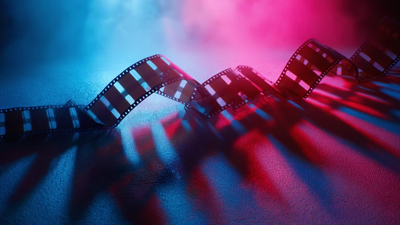 A Captivating Display of Film Tape Flowing in Waves, Illuminated by Vibrant Red and Blue Lights, Creating a Dramatic Contrast Against a Textured Surface