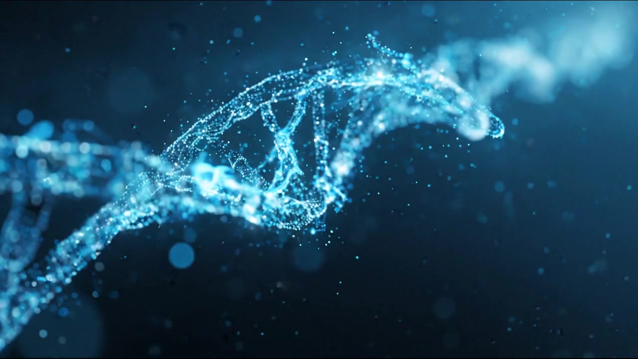 Filamento di DNA digitale luminoso che ruota nello spazio astratto