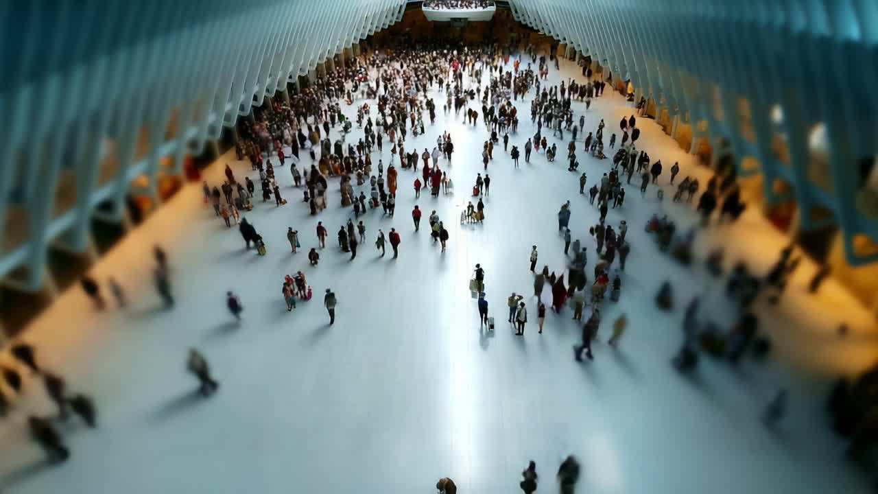 A Captivating Aerial View of a Bustling Public Space Filled with Diverse Crowds of People Engaging in Various Activities in a Modern Architectural Setting