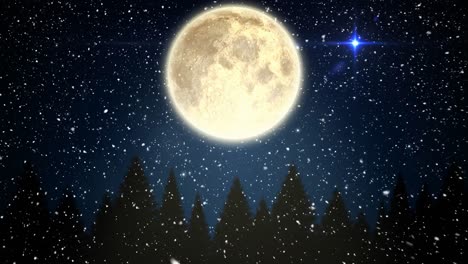 Animation-of-snow-falling-over-full-moon,-stars-and-christmas-trees-on-blue-background