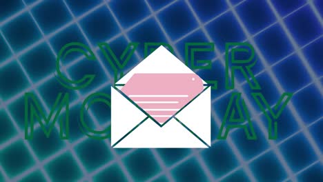 animación de los iconos de los sobres y el texto de cyber monday