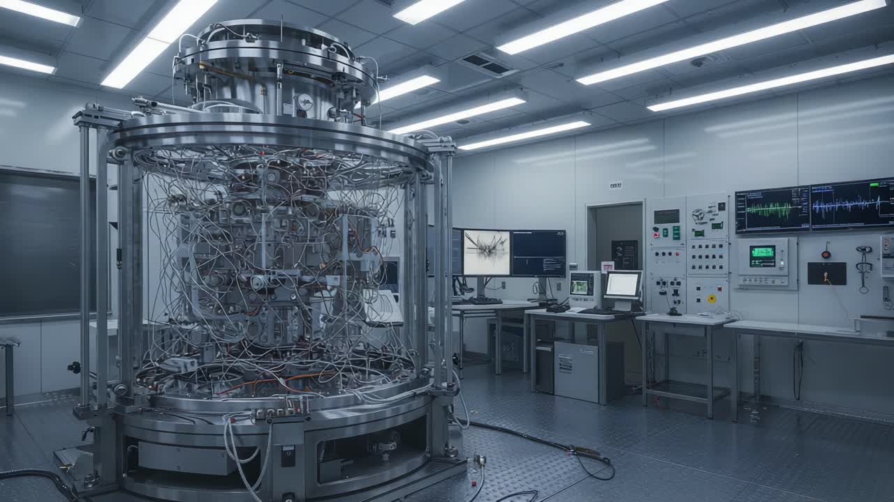 An advanced research facility featuring a highly complex experimental apparatus with numerous wires and screens highlighting the sophisticated technology at work in a controlled environment