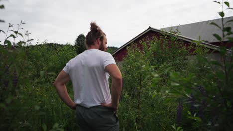 rear of a man in white shirt looking at the growing dense plants