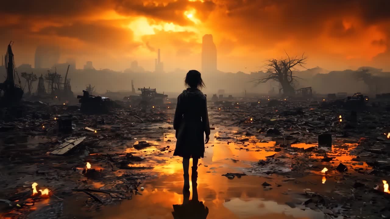 A person standing in the middle of a destroyed city