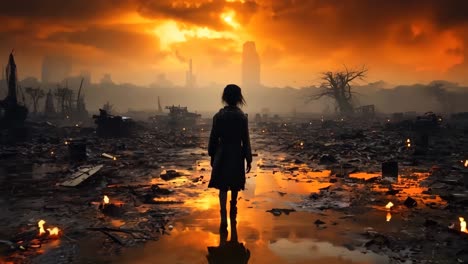 a person standing in the middle of a destroyed city