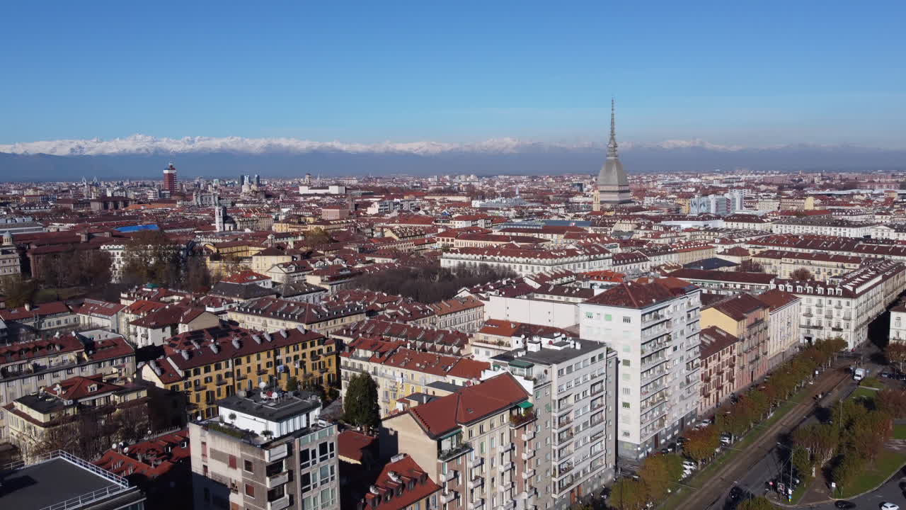 Wide Angle Aerial Pullback Turin City in Italy on a Sunny Winter Day
