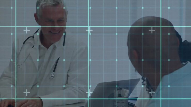 Animazione digitale di una rete a griglia su un medico anziano che parla con un uomo e sua figlia in ospedale.