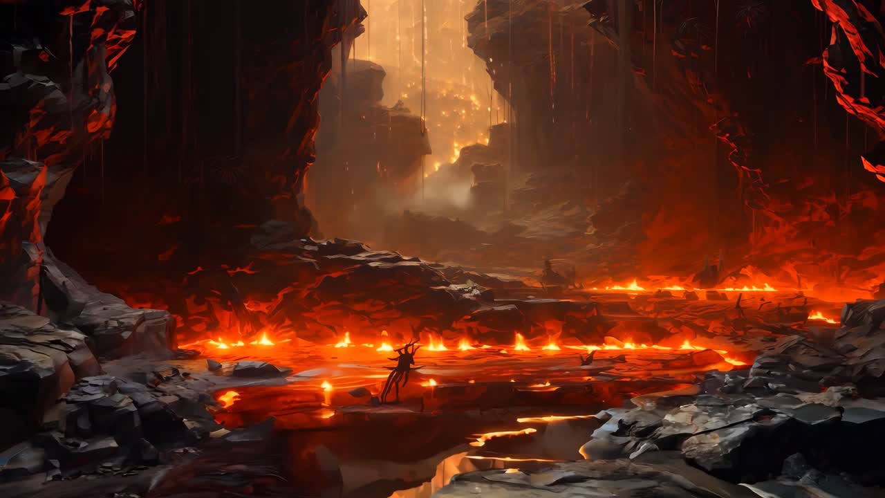 una mujer de pie en el medio de una cueva mirando un fuego