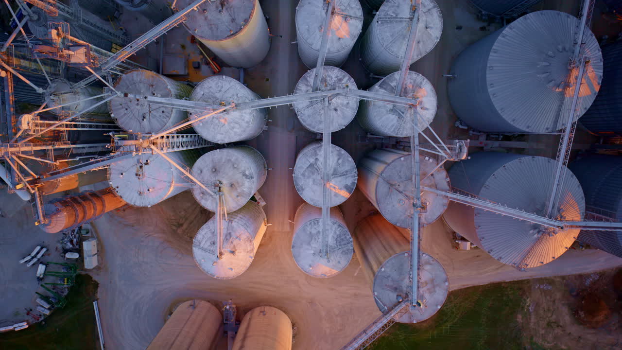 High aerial of a large grain handling and storage facility