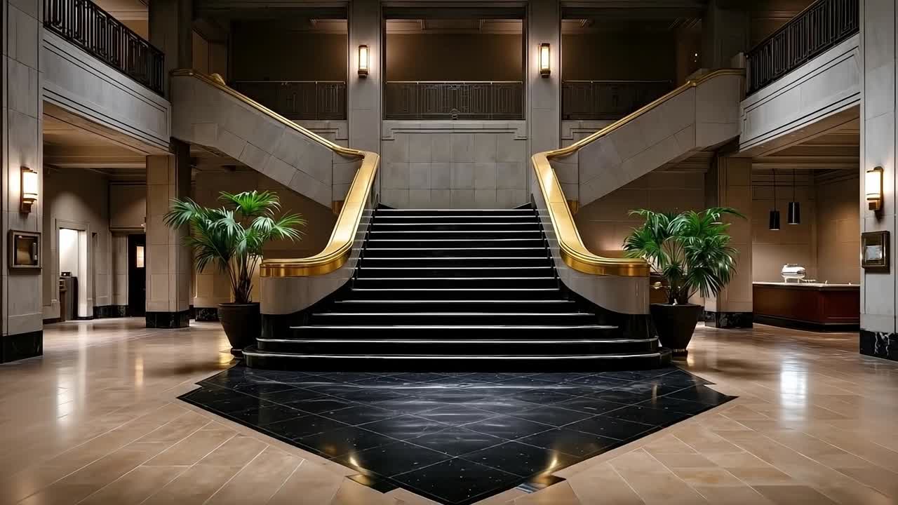 A set of stairs in a large building with a black and white marble floor
