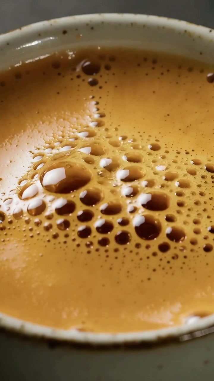 Video verticale: Crema che si forma, creando grappoli di bolle sulla tazza dopo l'estrazione al bancone del caffè.