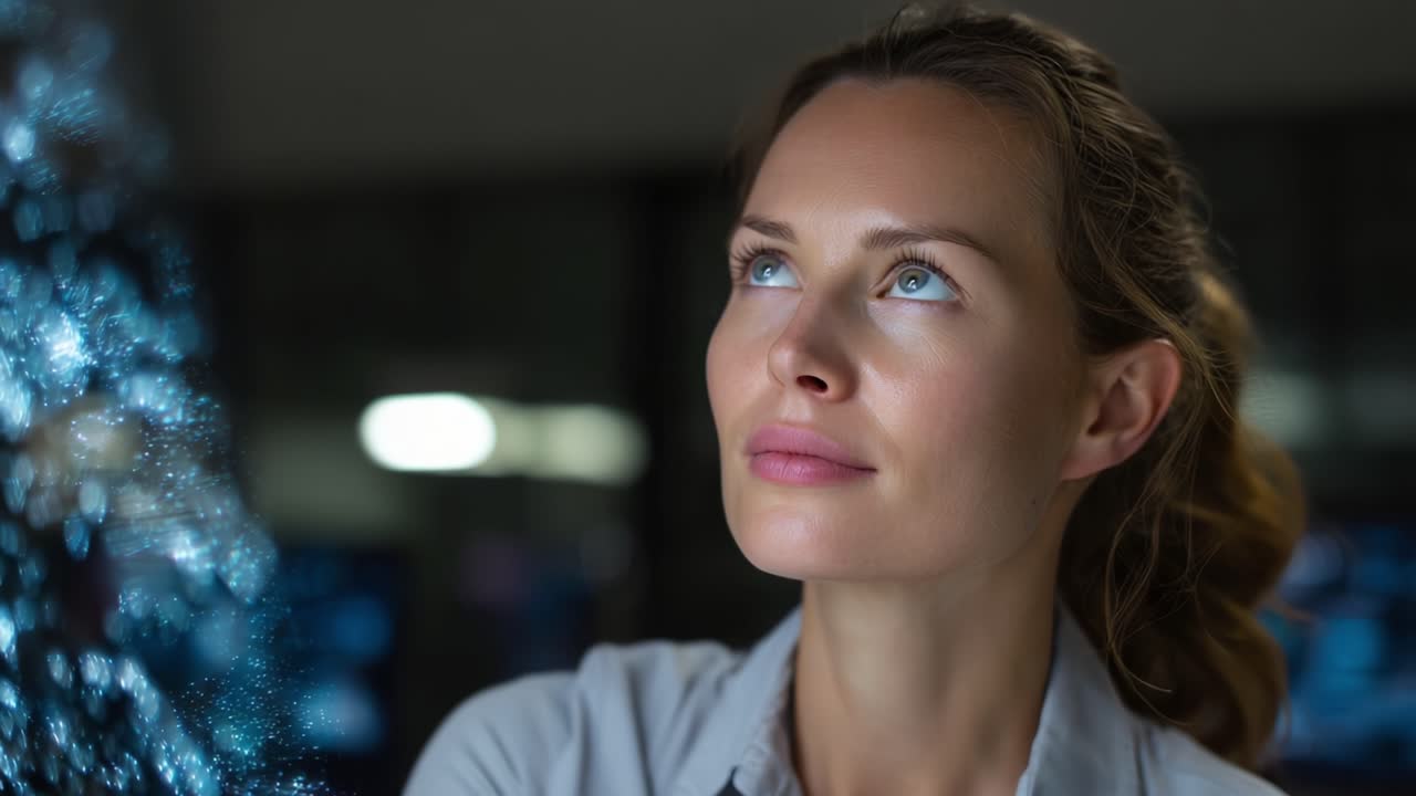 A Woman Contemplating in a Modern Environment with Illuminating Data Representations Displaying Innovation and Technological Possibilities