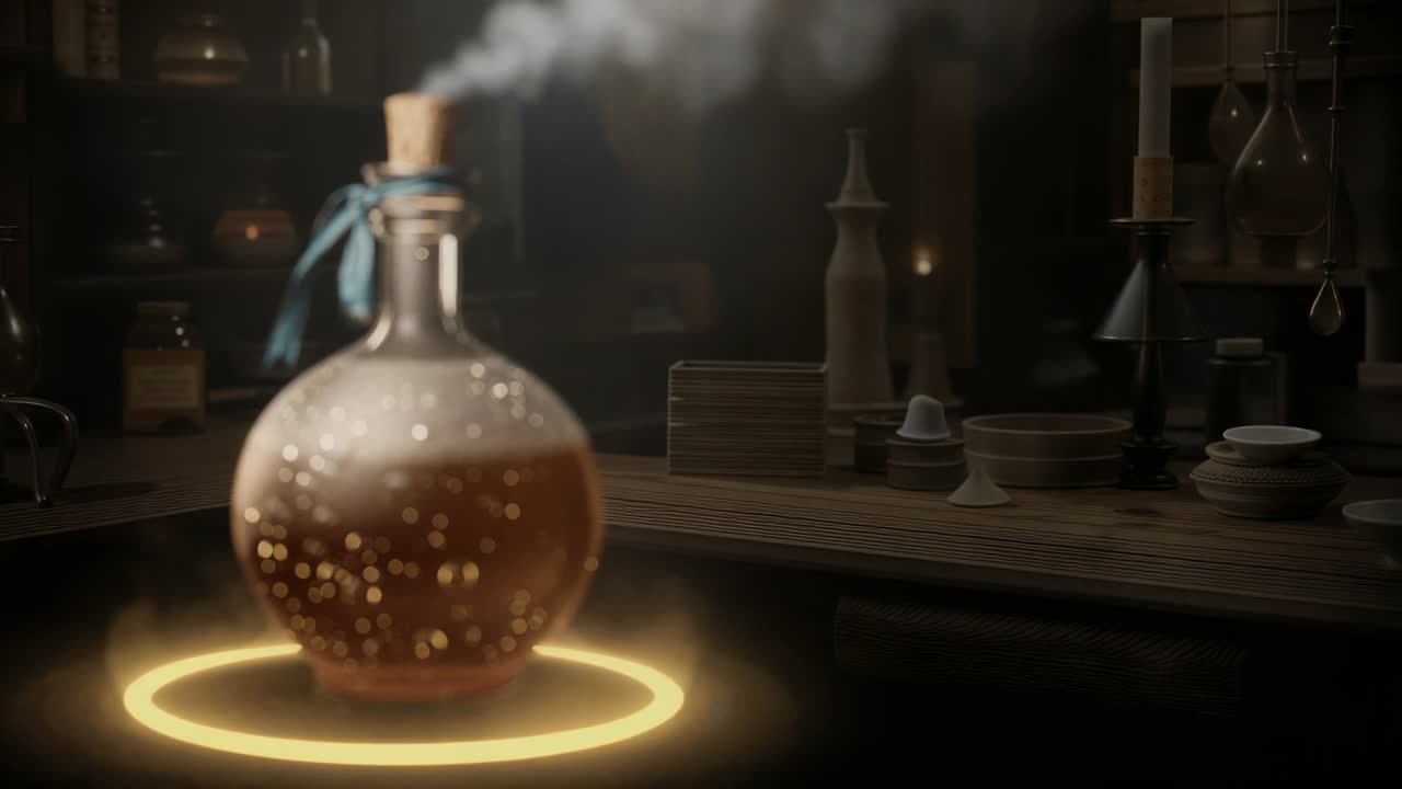 Bubbling round flask on wooden table reacting to glowing ring and emitting vapor in workshop