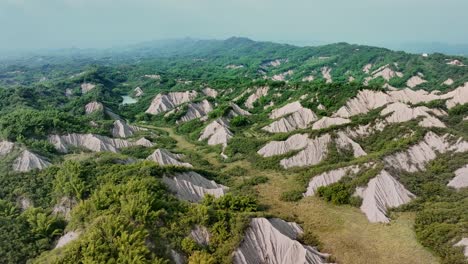 Aerial-backwards-shot-of-asian-Tianliao-Moon-World-badlands-during-cloudy-in-Taiwan---田寮月世??