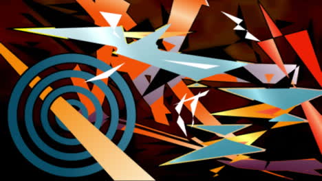 animation of multiple retro abstract shapes moving on red background