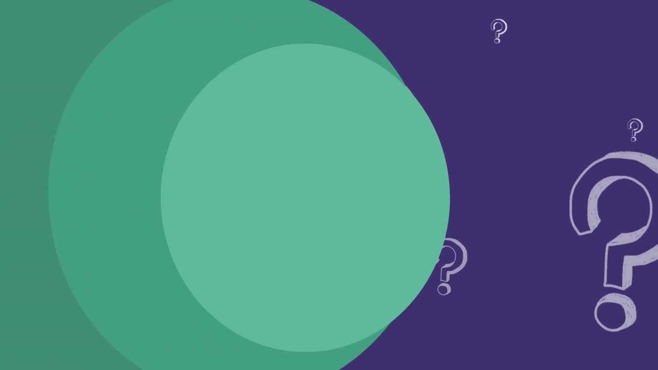 Animation of green circles over question marks on purple background
