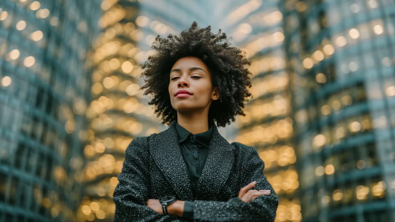 Confident Young Woman in a Business Suit Poses Against a Stunning Urban Backdrop, Embodying Professionalism and Strength Amidst a Modern City Landscape
