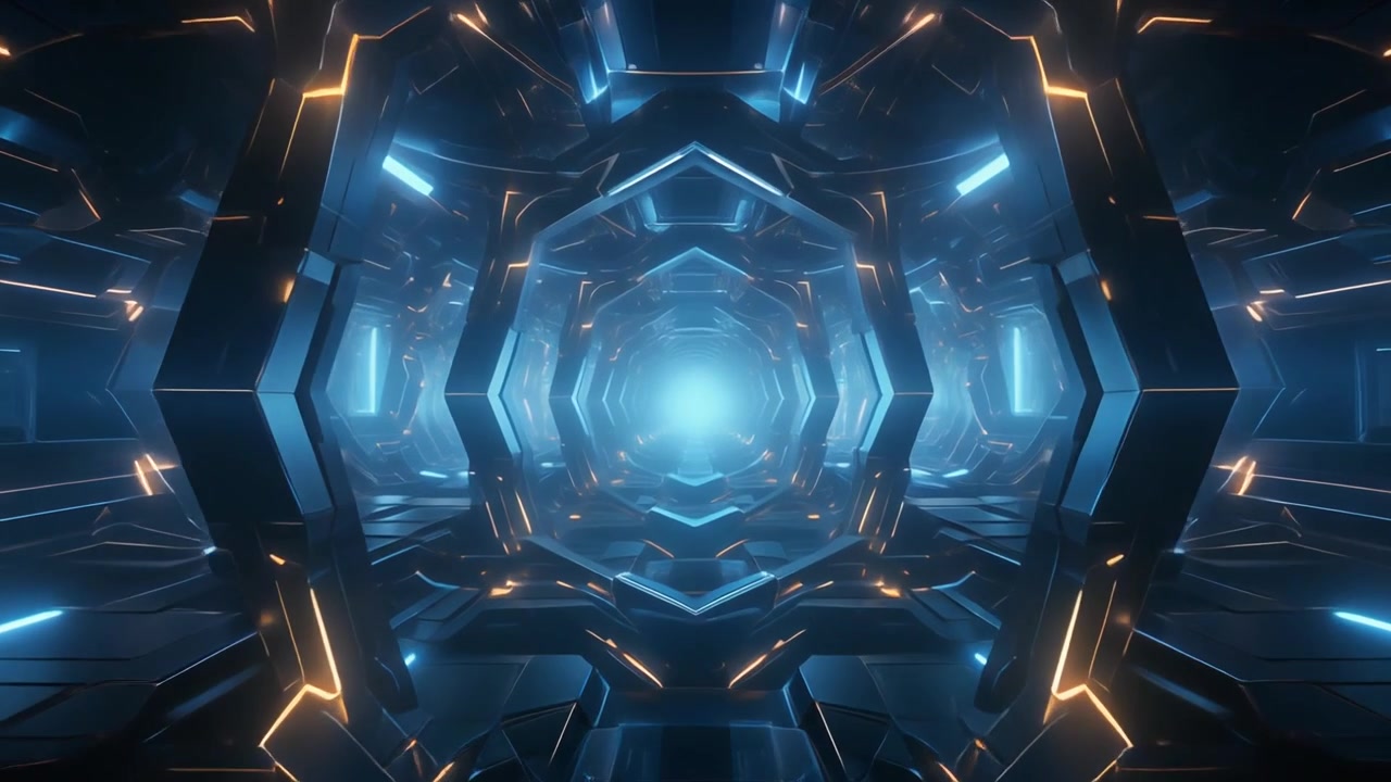 Futurystyczny tunel sci-fi z jarzącymi się niebieskimi światłami heksagonalnymi