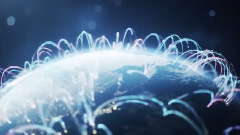 a stunning visualization of global connectivity: an abstract representation of data flow and network interactions illuminating earth's surface