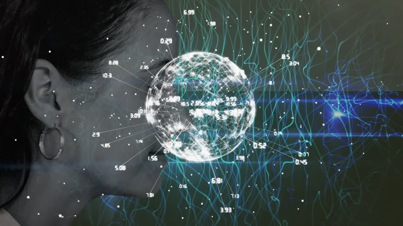 animación de una red global rotativa y procesamiento de datos sobre un retrato monocromo de mujer