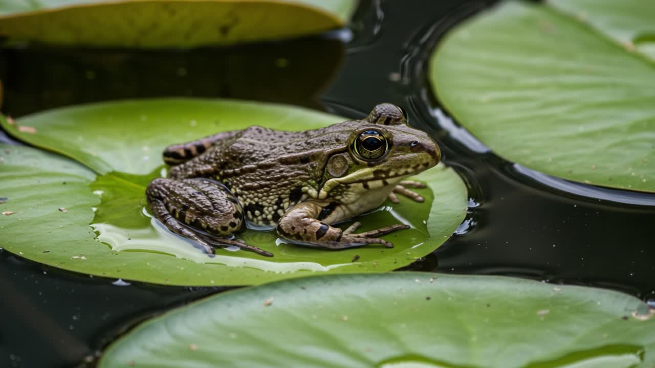 A Tranquil Moment: A Green Frog Resting on a Lily Pad in Still Waters, Capturing Nature's Beauty and Serenity in a Calm Environment