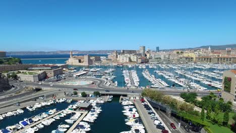 Aerial-of-France,-Cote-d'azur,-Menton,-Old-Port-of-Marseille-and-sea-in-French-riviera