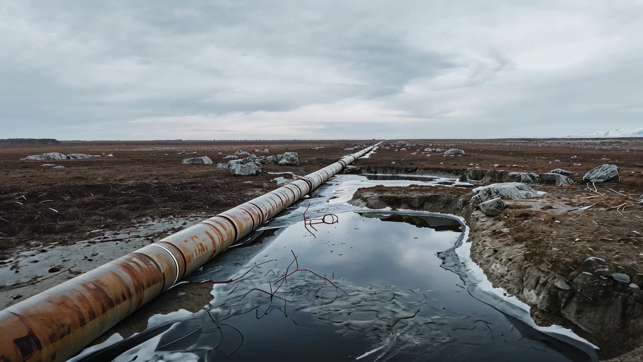 Pushing forward camera inspecting rusty metal pipeline across barren marshland, showing ice foam