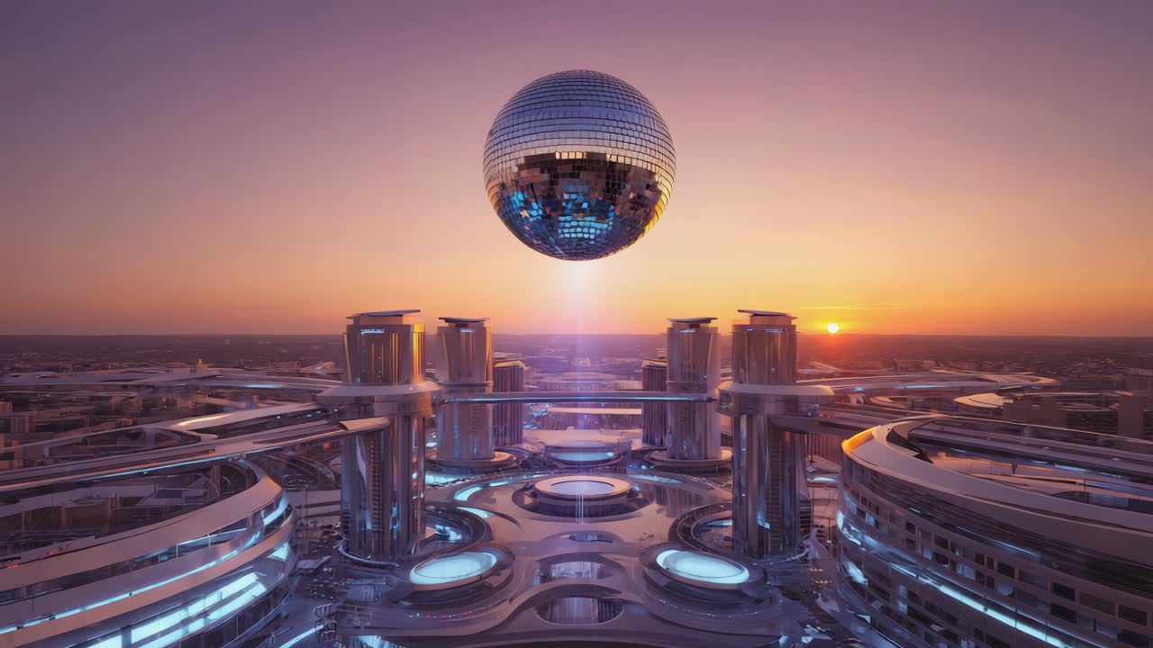 Futuristic Cityscape with Disco Ball at Sunset