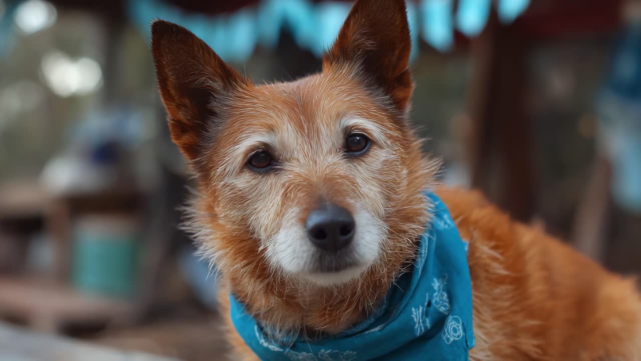 A Charming Canine Companion: The Heartwarming Presence of a Dog in a Bandana Creating a Joyful Atmosphere in a Warm Outdoor Setting