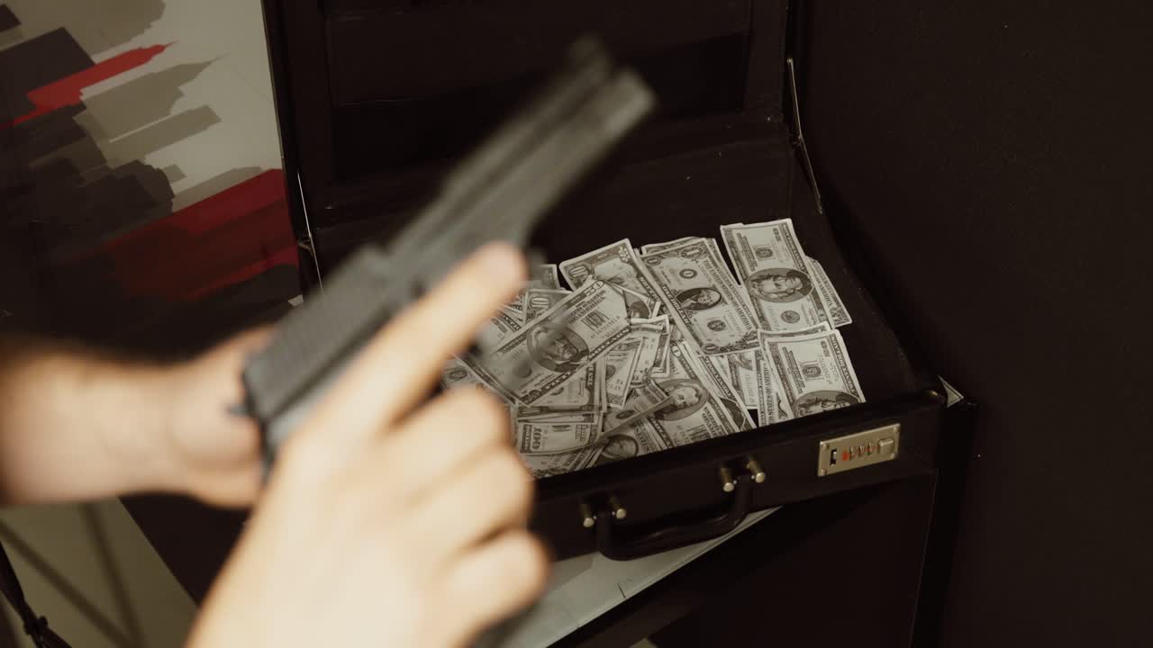 a handgun in front of an open briefcase filled with cash. Concept of robbery, organized crime, extortion, illegal money, and criminal activity