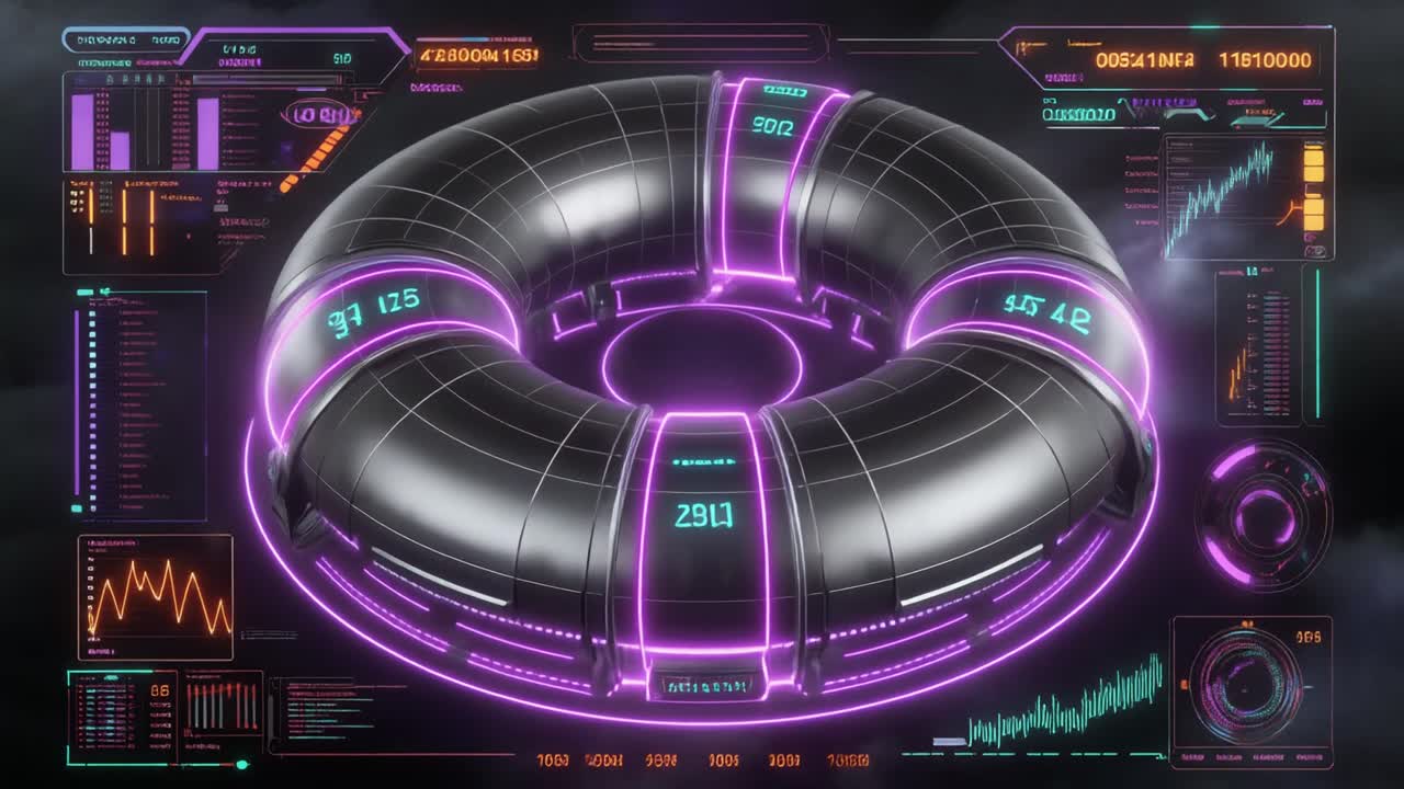 Rotating 3D Torus with Glowing Data and Futuristic HUD