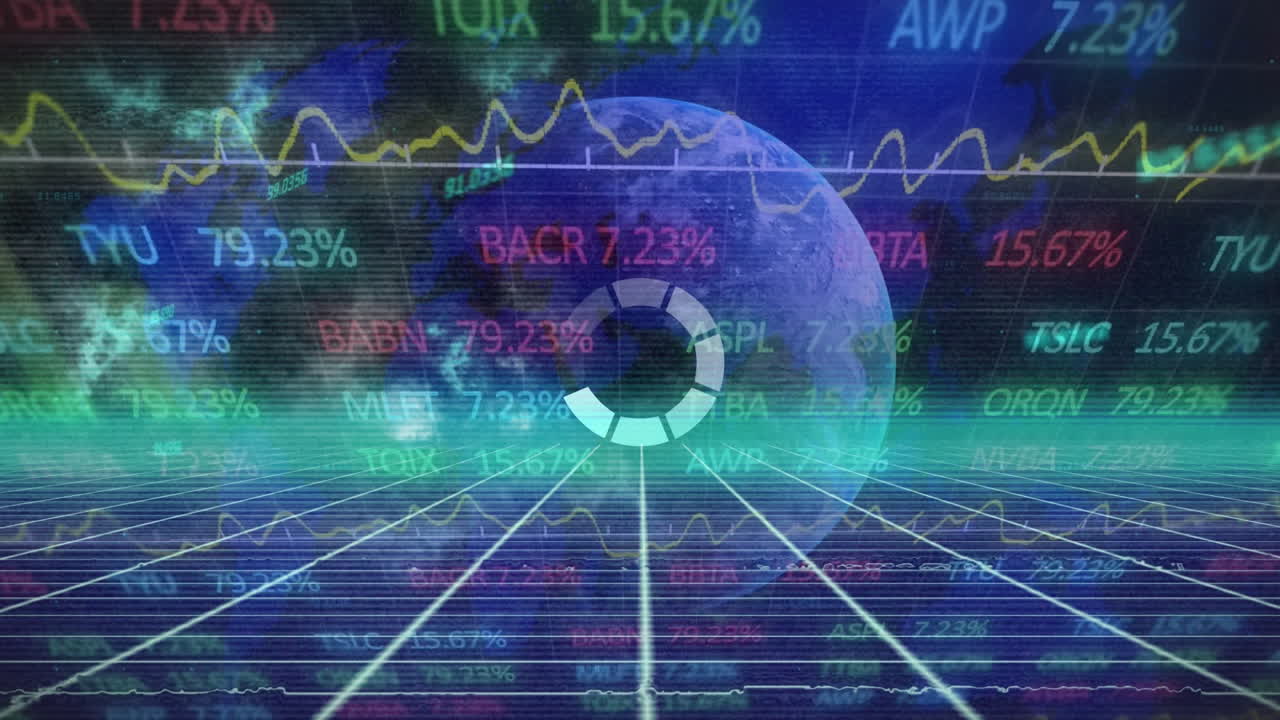 animación del globo con conexiones y procesamiento de datos financieros