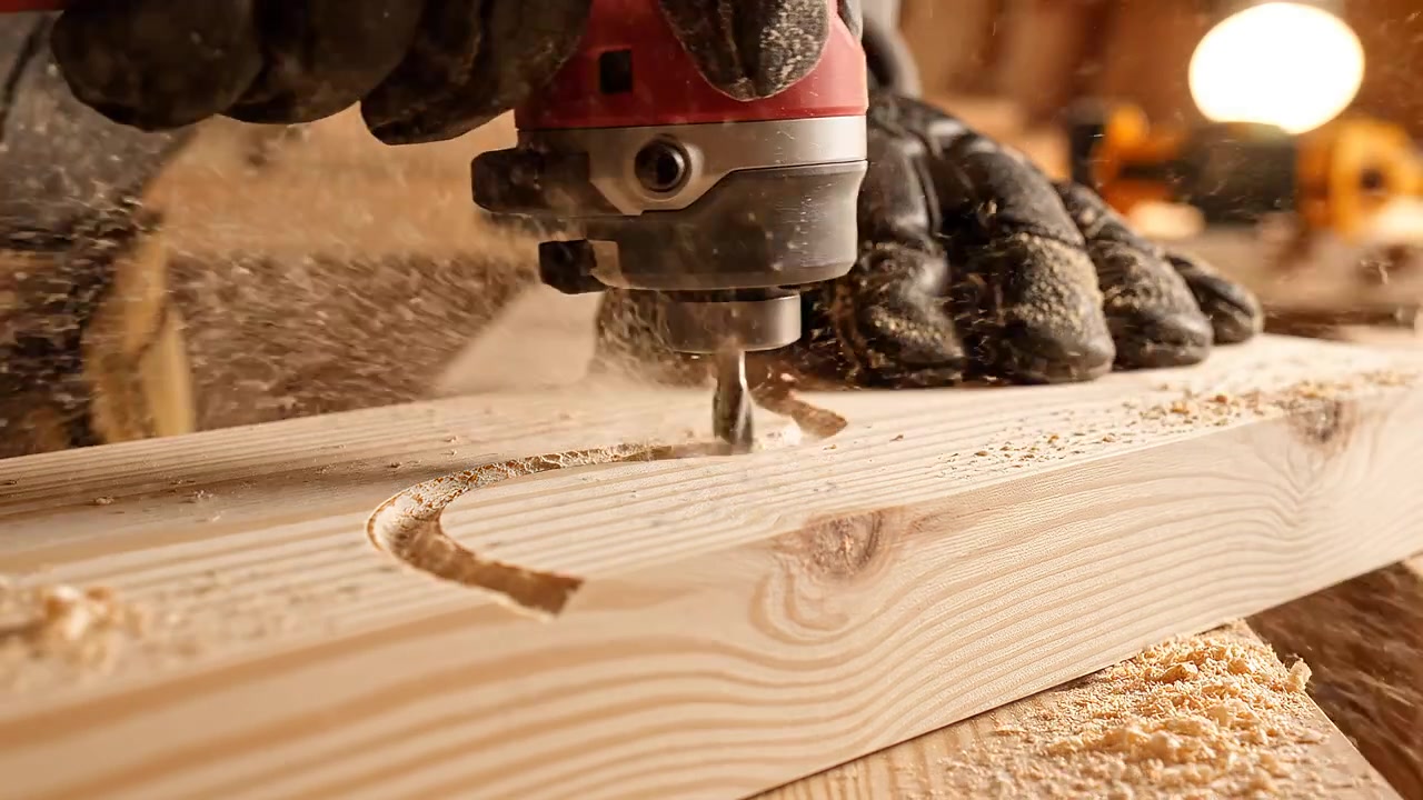 Woodworking Router Tool Carving Groove in Timber Plank Close Up