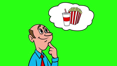 man thinking about popcorn and soda  - 4k animation with green background.