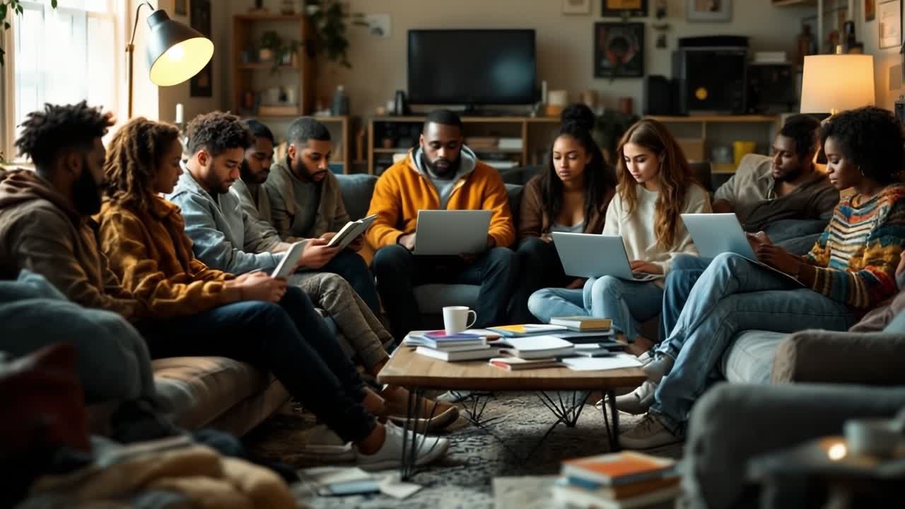 Mangfoldig gruppe unge voksne som samarbeider på laptoper i en uformell stue