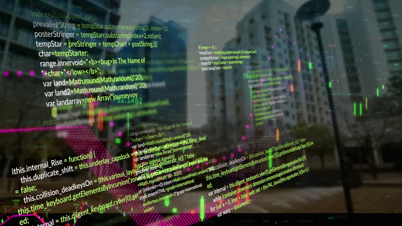 animação do processamento de dados financeiros sobre a paisagem urbana