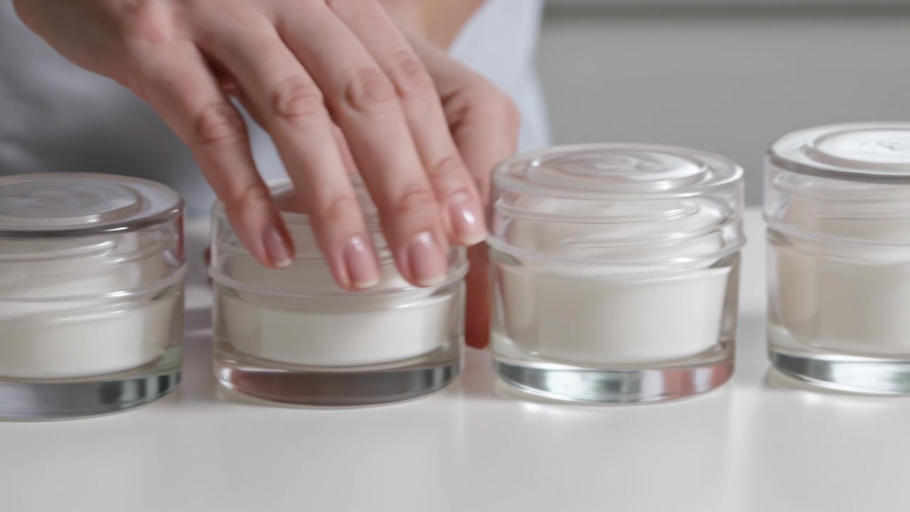 Cogiendo el frasco izquierdo, mujer con blusa blanca alineando frascos de crema de vidrio en una encimera blanca, ajustando los frentes.